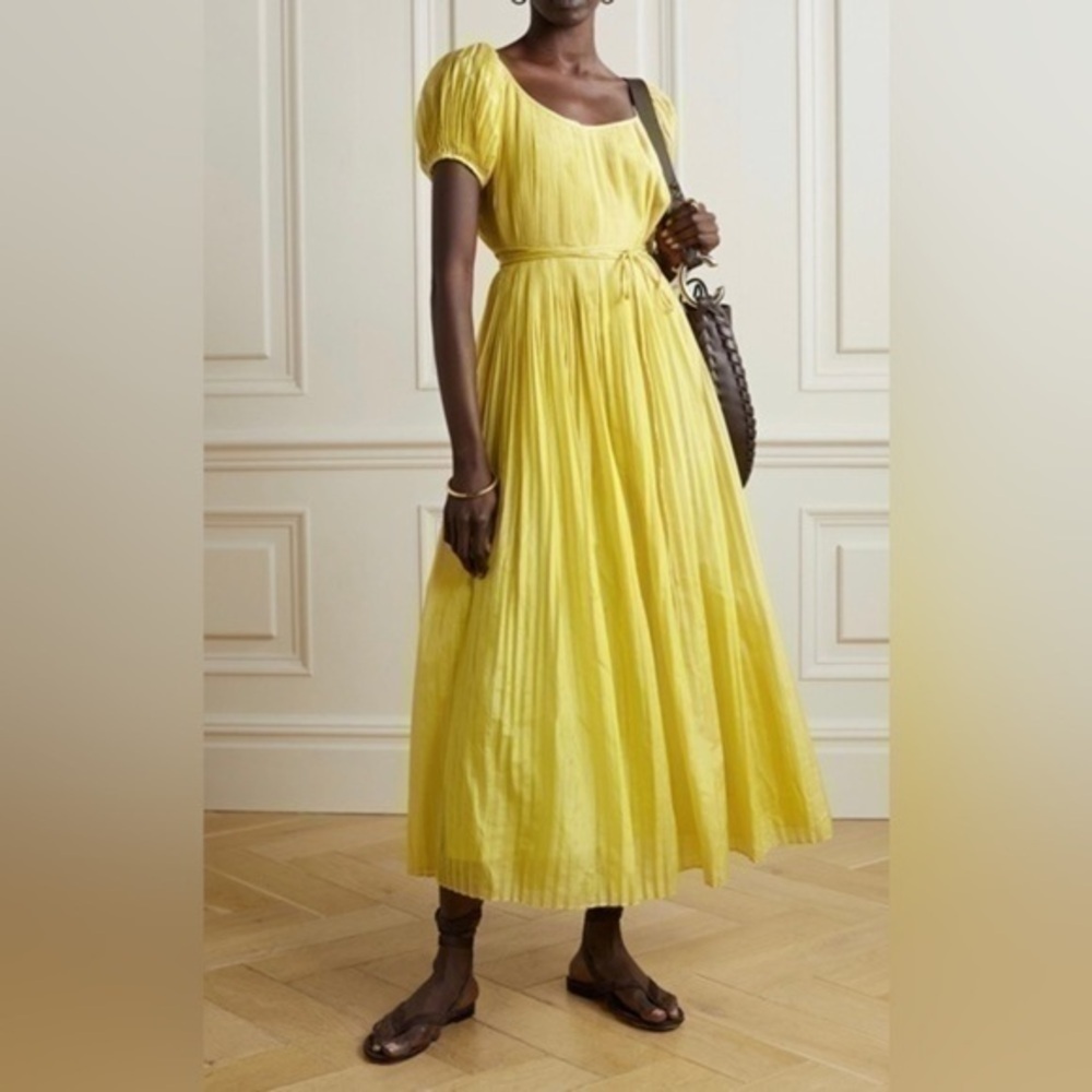 TORY BURCH Silk Blend Pleated Midi Yellow Belted Lightweight Summer Dress